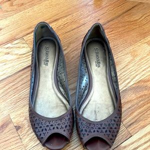 Women’s brown peep toe wedge. St. John’s Bay, size 7.5,